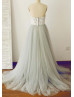 Grey Lace Tulle Long  Prom Dress